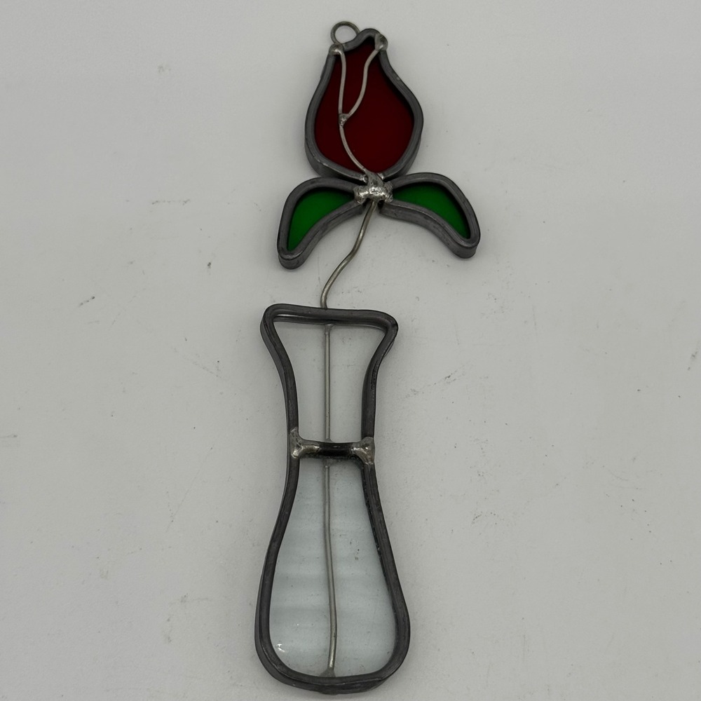Vintage Tiffany Stained Glass Rosebud in Vase Suncatcher Window Ornament 1980s
